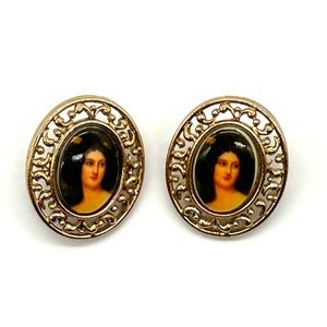 Vintage Oval Cameo Victorian Style Earrings Signed M Jent